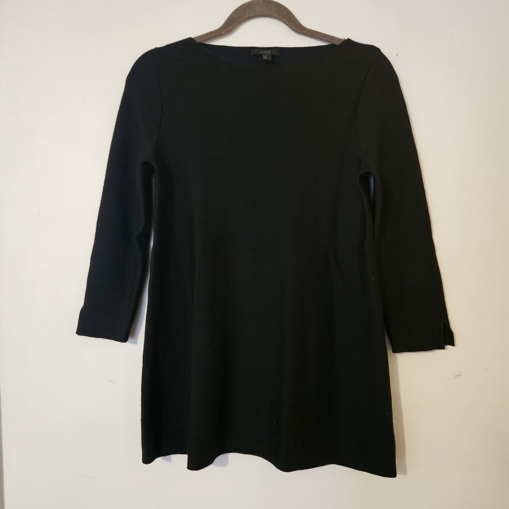 COS Boatneck Raw Hem 3/4 Length Sleeve Sweater Wool Black XS